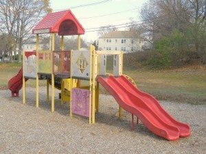 Old playground equipment tagged by taggers - a Quincy Quarry photo