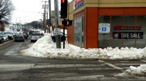 Fatal accident scene and snow pile blocked bus stop  A Quincy Quarry News photo