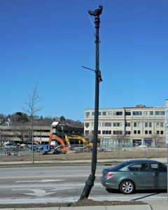 Still dangerously sideways street light A Quincy Quarry News photo