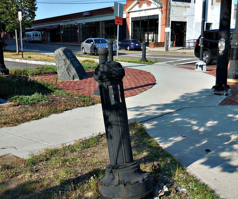 Quincy Center street light bollard knocked sideways from accident?