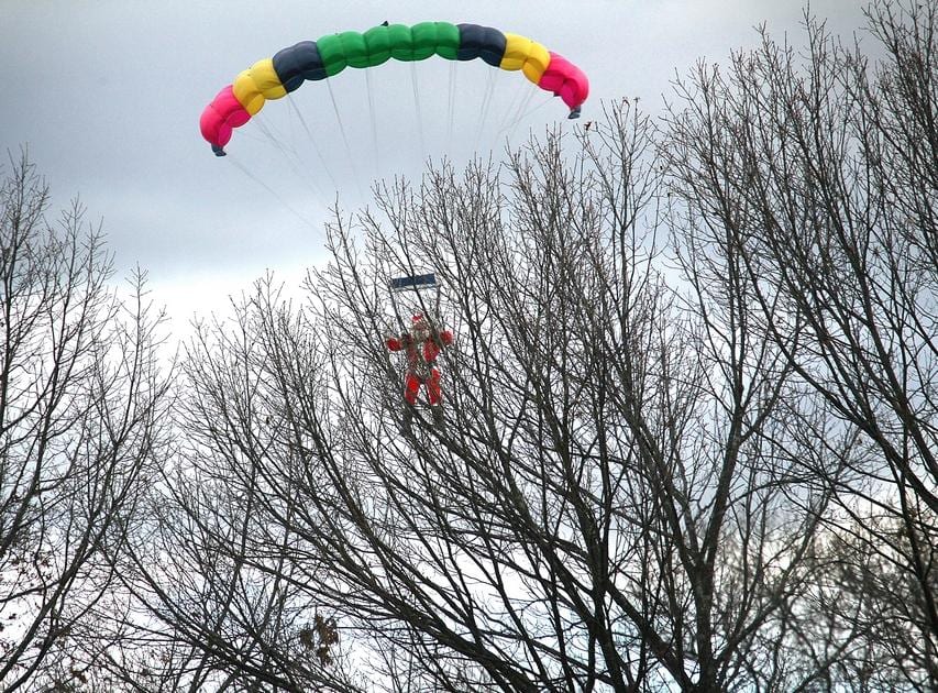 Given high winds, the Santa parachute jump planned for today at Pageant Field has been cancelled