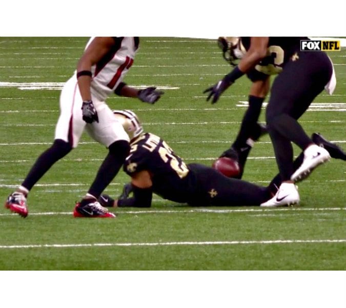 Backside help: New Orleans Saints' Marshon Lattimore gets a "butt pick" interception