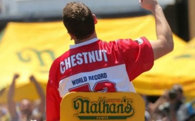 World Champion Hot Dog Joey Chestnut to compete on crutches at Hot Dog Eating Championship #nathan #hotdog #joeychestnut #coneyisland