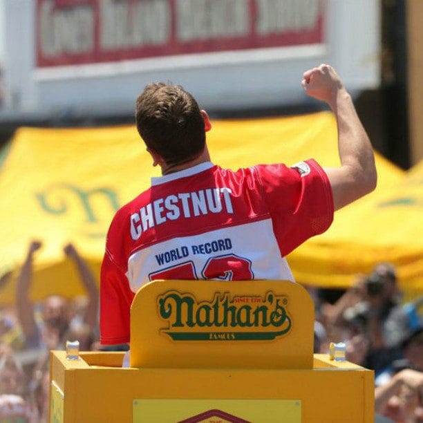 World Champion Hot Dog Joey Chestnut to compete on crutches at Hot Dog Eating Championship #nathan #hotdog #joeychestnut #coneyisland